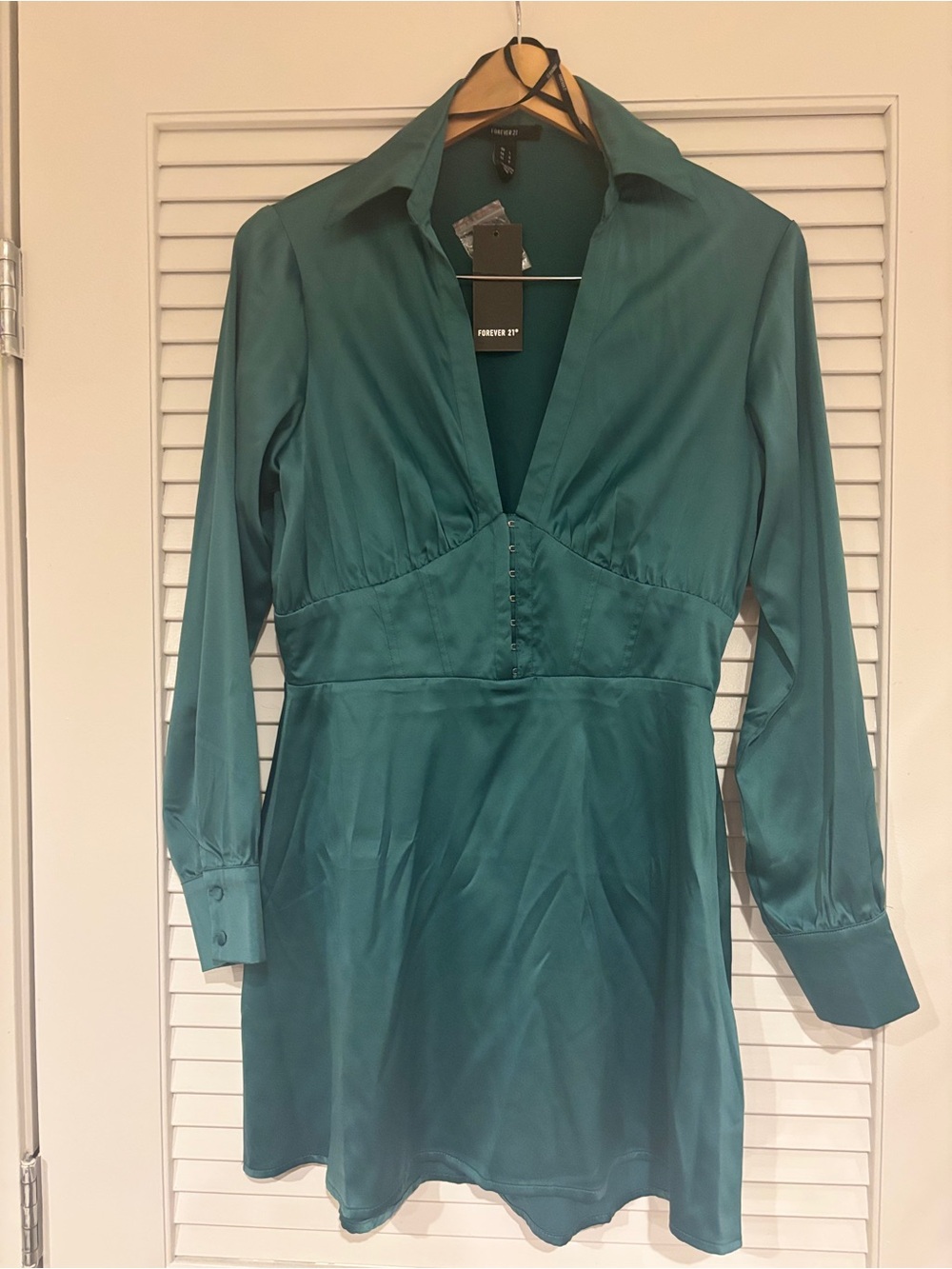 Forever 21 Teal Satin Deep-V Long Sleeve Dress